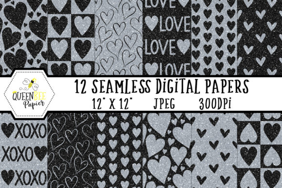 Black Silver Glitter Digital Paper and Black Silver Glitter Heart Digital Paper