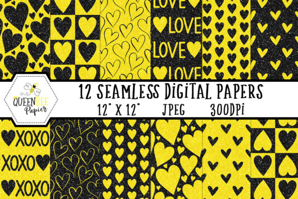 Black Yellow Glitter Heart Digital Paper
