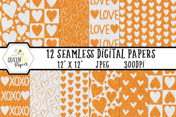 Orange White Glitter Heart Digital Paper